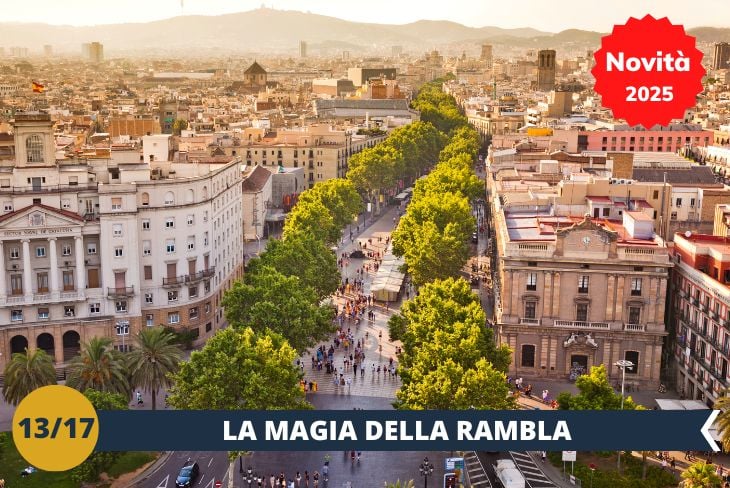 LA MAGIA DELLA RAMBLA: un suggestivo percorso nel cuore pulsante di Barcellona! Vi condurremo alla scoperta di uno dei viali più EMBLEMATICI della città, dove storia e modernità si fondono in un'atmosfera unica. Potrete ammirare l'architettura storica, lasciarvi conquistare dall'energia degli artisti di strada e scoprire gli angoli più FOTOGRAFATI di questo boulevard leggendario. Un viaggio attraverso l'anima più autentica della capitale catalana! (escursione di mezza giornata)