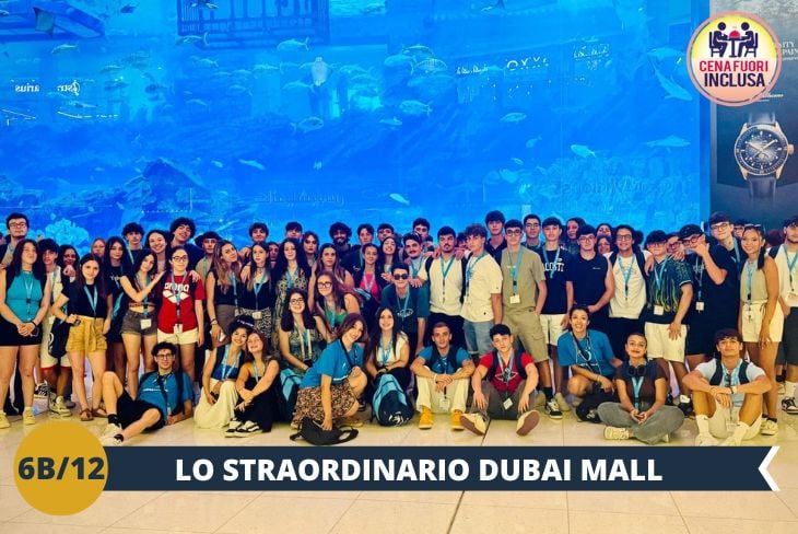 Ritrovarsi faccia a faccia con uno squalo in un centro commerciale? Il Dubai Mall vi regalerà un pomeriggio indimenticabile! Un mondo di shopping senza eguali con oltre 1.200 punti vendita, due eleganti department store e un'infinita scelta di ristoranti e caffè. E’ prevista una cena presso il Dubai Mall dove verrà consegnato un voucher tramite il quale i ragazzi potranno scegliere tra diverse tipologie di cucina ( giapponese, cinese, coreana, Mc Donald e tante altre ancora) per un’esperienza culinaria divertente ed alternativa. (escursione di mezza giornata)