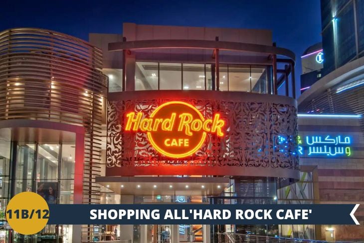 Per concludere, immancabile tappa all'Hard Rock Café di Dubai, dove potrete immergervi nell'atmosfera rock della città e fare shopping tra memorabilia e articoli esclusivi. Un mix perfetto di musica, shopping e divertimento nel cuore pulsante di Dubai! (escursione di mezza giornata)