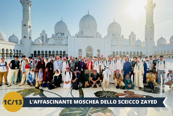 La giornata prosegue con una visita alla MOSCHEA DELLO SCEICCO ZAYED (ingresso incluso), gioiello dell'architettura islamica. Scoprite il maestoso tappeto iraniano di 5.000 metri quadrati, realizzato in un anno da 1.000 artigiani - un capolavoro che incarna la grandiosità di questo luogo sacro dalle atmosfere delle mille e una notte.