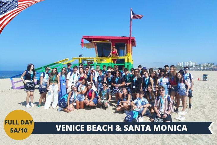 ESCURSIONE DI INTERA GIORNATA: VENICE BEACH & SANTA MONICA - Un tuffo nell'anima più autentica della California! La giornata inizia a VENICE BEACH, quartiere vibrante ispirato alla Venezia italiana, dove potrete ammirare gli skater più talentuosi della costa ovest sfidarsi nel leggendario Skate Park fronte oceano. L'atmosfera bohémien di questa spiaggia, amata dai giovani californiani, vi conquisterà con i suoi artisti di strada.