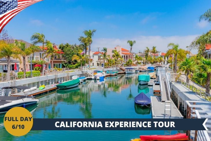 ESCURSIONE DI INTERA GIORNATA: CALIFORNIA EXPERIENCE TOUR. Vi immergerete in un angolo di Italia trapiantato in California: un quartiere magico composto da tre pittoresche isolette separate da suggestivi canali che si aprono sulla splendida Alamitos Bay. Passeggiando tra Via Toledo e Via Firenze, costeggiando i romantici canali Rivo Alto e Colonnato, vivrete l'illusione di essere stati trasportati nella Serenissima. Questo piccolo paradiso californiano vi stupirà con le sue caratteristiche abitazioni dai colori pastello, mentre le bandiere americane che sventolano su ogni porta creano un affascinante contrasto culturale.  L'avventura prosegue con una tappa speciale a Mother Beach, dove avrete l'opportunità unica di vivere la vera esperienza "local", per poi terminare con la magnifica Seal Beach: qui potrete dedicarvi al puro relax e divertimento, lasciandovi conquistare dal vero spirito californiano.