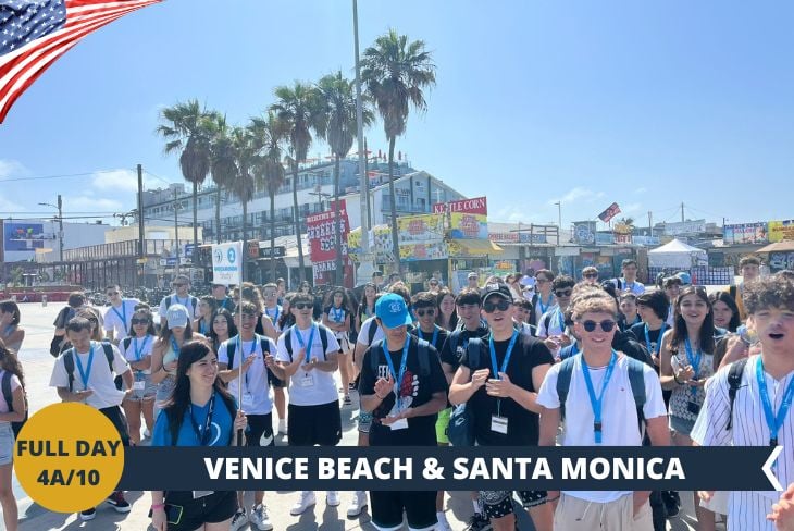 ESCURSIONE DI INTERA GIORNATA: VENICE BEACH & SANTA MONICA - Preparatevi per una giornata 100% CALIFORNIA STYLE! Inizierete esplorando VENICE BEACH, un caleidoscopio di colori e cultura dove l'arte di strada si fonde con lo spirito sportivo della boarwalk più famosa al mondo. Dal celebre VENICE BEACH SKATE PARK ai caratteristici canali veneziani, vivrete l'essenza della creatività californiana.