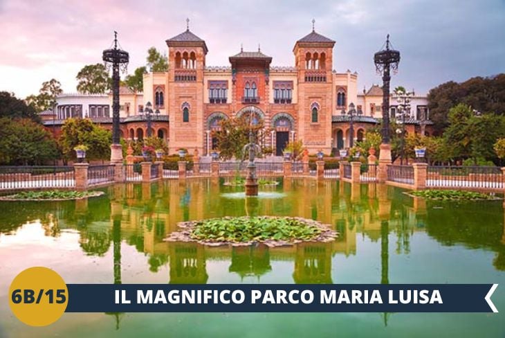 Il vostro viaggio proseguirà nel suggestivo Parque Maria Luisa, un'oasi verde che si estende a sud della piazza, lambita dal fiume Guadalquivir. Questo parco incantevole, dono della regina Maria Luisa nel 1903, è stato progettato secondo i canoni del giardino paesaggistico inglese. Vi incanteranno le sue collezioni botaniche, i romantici laghetti, le statue eleganti e le fontane danzanti. Un luogo magico dove i giardini fioriti si fondono con architetture liberty, mostrando il volto più intimo e raffinato di Siviglia. (Escursione di mezza giornata)