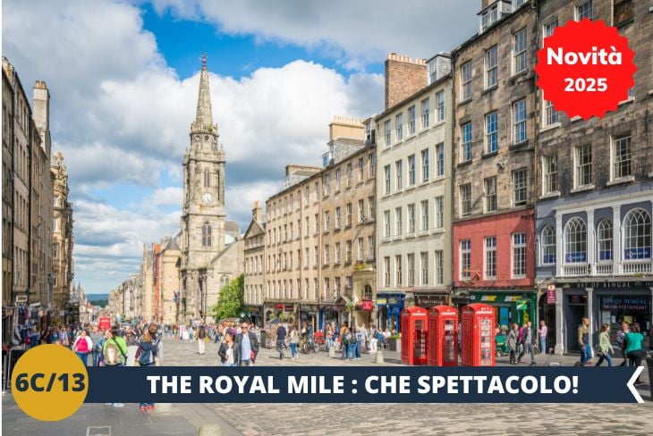 Concludiamo la nostra giornata lungo il leggendario Royal Mile, la strada più celebre di Edimburgo, che collega il maestoso Castello di Edimburgo al Palazzo di Holyroodhouse. Ogni passo su questa via storica racconta secoli di storia scozzese: dal suono dei pifferi nelle strette viuzze alle chiese gotiche e agli edifici medievali. Tra negozi, pub tradizionali e attrazioni turistiche, il Royal Mile ci svelerà la vera essenza di Edimburgo, ricca di cultura e tradizione. Non perdere l'opportunità di scoprire ogni angolo di questa strada vibrante e storica.