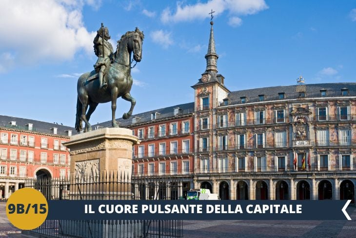 A pochi passi dalla Cattedrale dell'Almudena, scopriremo il Mercato di San Miguel, un autentico tempio del gusto dove poter assaporare le migliori prelibatezze della gastronomia spagnola. Proseguiremo il nostro tour fino alla Plaza Mayor, situata nel cuore della Madrid de los Austrias, una delle piazze più affascinanti d’Europa. Di forma rettangolare e circondata da portici e palazzi in stile classico, oggi rappresenta uno dei principali punti di riferimento turistici della capitale. I portici ospitano caffetterie e ristoranti dove gustare le specialità madrilene, mentre nell'aria si respira sempre un'atmosfera festosa, con artisti di strada e visitatori che si godono il vivace ambiente dei dehors.Plaza Mayor è il cuore pulsante della vecchia Madrid, custode di secoli di storia e tradizione. (escursione di mezza giornata)