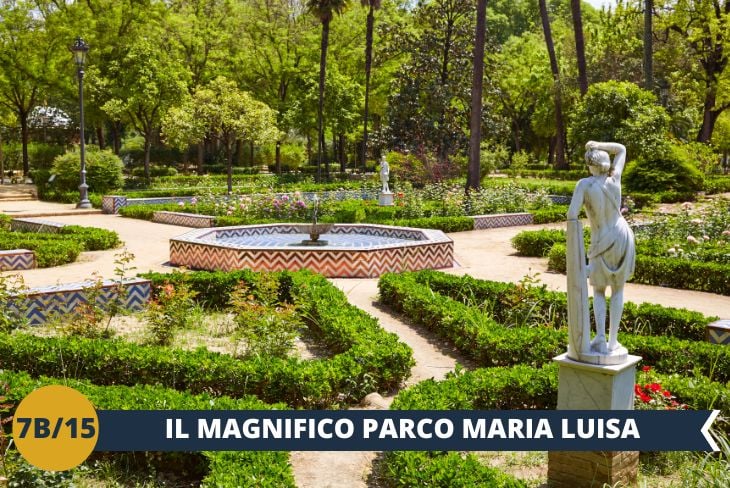 La vostra avventura continuerà nel parco di Maria Luisa, polmone verde che si sviluppa verso sud seguendo il corso del Guadalquivir. Questo gioiello naturalistico, donato dalla regina Maria Luisa nel 1903 e ideato secondo i principi del giardino inglese, vi conquisterà con le sue ricche collezioni di piante, gli specchi d'acqua, le eleganti statue e le scenografiche fontane. Un paradiso dove natura e arte Liberty si fondono armoniosamente, regalandovi scorci della Siviglia più autentica e romantica. (Escursione di mezza giornata)