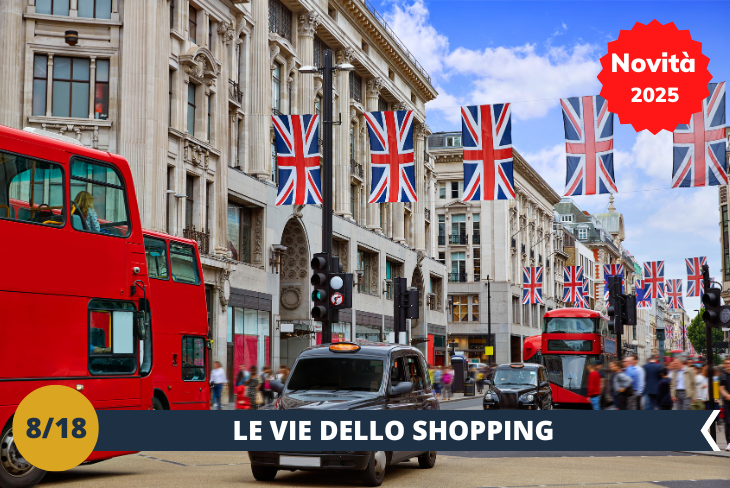 NOVITA’ 2025! Preparatevi per una giornata all’insegna dello shopping e dello stile nel cuore di Londra! Esploreremo Oxford Street, la via commerciale più famosa della città, con i suoi negozi di moda internazionale e le grandi catene che offrono tutto ciò che si può desiderare. Proseguiremo su Regent’s Street, dove eleganti boutique e marchi esclusivi ci accompagneranno in un’esperienza unica, circondati da un’architettura maestosa. Concluderemo il nostro tour a Carnaby Street, l’epicentro dello stile e della cultura pop degli anni ’60, oggi un mix vibrante di negozi indipendenti, moda alternativa e atmosfera creativa. Un viaggio tra tendenze, storia e innovazione che renderà questa escursione indimenticabile! (escursione di mezza giornata)