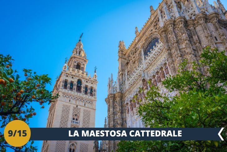 Lasciatevi stupire dalla grandiosa Cattedrale di Santa Maria della Sede di Siviglia (INGRESSO INCLUSO), un colosso dell'architettura gotica che si estende per ben 117 metri, conquistando il primato tra le chiese del suo stile. Durante il tour guidato, scoprirete i segreti di questo straordinario monumento, frutto di cinque secoli di lavoro ininterrotto iniziato nel lontano 1401. Le maestose volte a crociera e il fantastico labirinto di colonne istoriate raccontano l'affascinante evoluzione dell'arte gotica attraverso i secoli. La Giralda, l'iconica torre-minareto di origine moresca, si staglia nel cielo per 104 metri, diventando il punto di riferimento della città. Al suo interno, vi aspetta un percorso tra meraviglie artistiche senza tempo: dalle spettacolari vetrate policrome ai preziosi bronzi del coro, fino alle solenni sepolture dei Re Cattolici e del grande esploratore Cristoforo Colombo. Un'esperienza unica che vi farà rivivere la grandezza della storia sivigliana e dell'arte religiosa spagnola. (Escursione di mezza giornata)