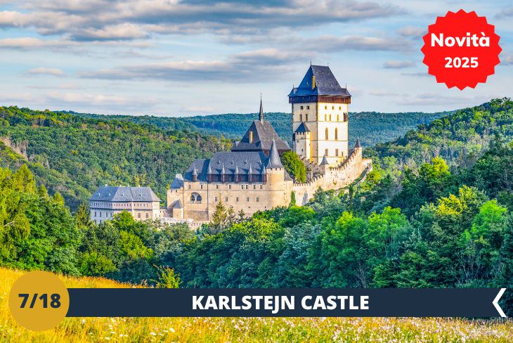 Novità 2025! Lasciatevi trasportare in un'autentica favola medievale nel magnifico Castello di Karlštejn (INGRESSO INCLUSO)! Costruito nel XIV secolo per volere dell'imperatore Carlo IV per custodire i gioielli della corona boema, questo straordinario maniero si erge maestoso su uno sperone roccioso che domina la valle della Berounka. Vi guideremo attraverso sale riccamente decorate, dove preziosi affreschi gotici e la Cappella della Santa Croce vi lasceranno senza fiato. La torre imperiale, con i suoi 60 metri d'altezza, vigila ancora oggi sui tesori e i segreti di uno dei castelli più suggestivi d'Europa. Circondato da un paesaggio mozzafiato, Karlštejn è la perfetta fusione tra architettura gotica e natura incontaminata, un simbolo dell'epoca d'oro della Boemia che vi regalerà scorci perfetti per foto indimenticabili! (escursione di mezza giornata)