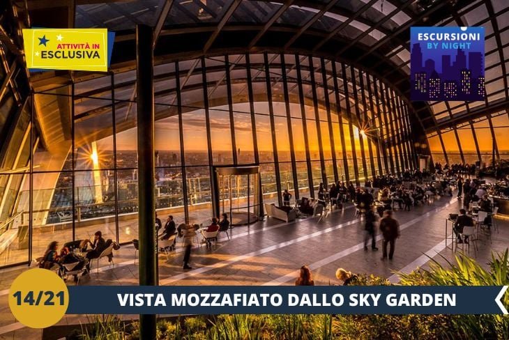 BY NIGHT: Vi accompagneremo allo Sky Garden, uno dei luoghi più spettacolari di Londra di sera, dove la città si svela in tutta la sua magia. Questo giardino sospeso tra le nuvole offre una vista panoramica a 360 gradi che vi lascerà senza fiato: lo skyline londinese illuminato diventa uno spettacolo di luci e riflessi indimenticabile. Tra piante rigogliose, spazi avveniristici e un’atmosfera unica, avrete la sensazione di essere in un paradiso urbano sospeso nel tempo. Un’esperienza serale imperdibile, dove Londra brilla come non mai.