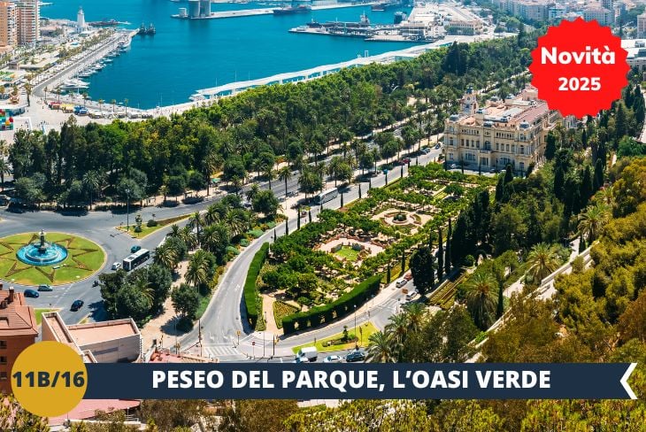 Proseguirete poi con una passeggiata guidata nel magnifico Paseo del Parque, un’oasi verde nel cuore della città, dove palme secolari e giardini tropicali creano un’atmosfera incantevole, arricchita da fontane monumentali e pergolati fioriti. Un percorso perfetto per scoprire l'anima più vibrante e naturale di Malaga! (escursione di mezza giornata)