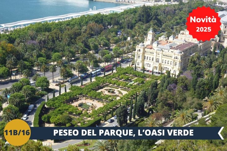 La vostra esperienza proseguirà con una visita guidata presso il magnifico Paseo del Parque, un'oasi verde nel cuore della città, dove palme centenarie e giardini tropicali creano un'atmosfera incantata tra fontane monumentali e pergolati fioriti. Un percorso che vi permetterà di scoprire l'anima più vivace e naturale di Malaga! (escursione di mezza giornata)