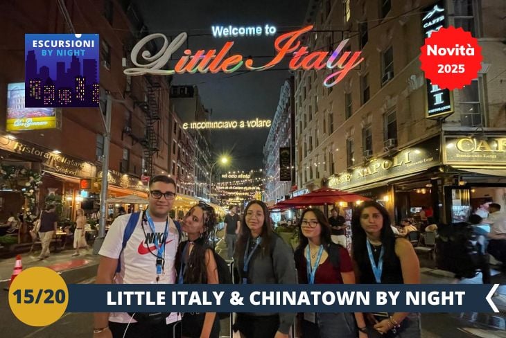 NOVITA’ 2025! BY NIGHT: La serata ci porta alla scoperta di due quartieri iconici. Inizieremo da Little Italy, dove le stradine si animano con luci soffuse, ristoranti italiani e una calda atmosfera. Proseguiremo verso Chinatown, dove le luci al neon, i mercati e i negozi esotici creano un'atmosfera unica. Passeggiando tra le sue vie, vivremo la magia di due mondi affascinanti e contrastanti.