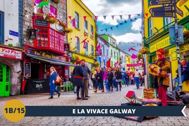 Il viaggio prosegue verso GALWAY, perla dell'ovest irlandese e Capitale Europea della Cultura 2020. Qui, tra vie acciottolate e edifici storici, scoprirete l'autentica anima gaelica tra musica, arte e tradizione.