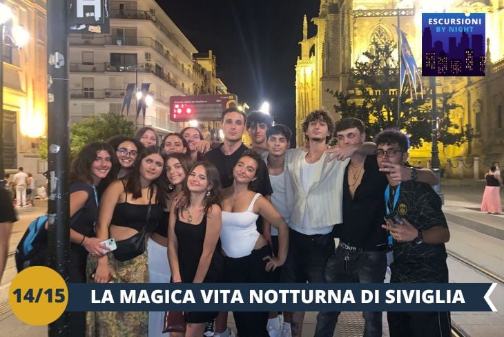 SEVILLA BY NIGHT: quando cala il sole, la magia della città si rivela in tutto il suo splendore! Un suggestivo tour serale vi farà scoprire una Siviglia inedita, dove monumenti illuminati e atmosfere suggestive creano un'esperienza indimenticabile!