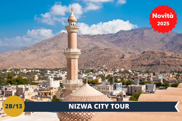 Il viaggio continua verso l'affascinante NIZWA, antica capitale dell'Oman e custode delle tradizioni più autentiche del paese. Qui, il tempo sembra essersi fermato mentre esplorerete i vicoli del SOUQ TRADIZIONALE, dove argento lavorato, datteri prelibati e spezie raffinate vi racconteranno storie di mercanti e artigiani. Un imperdibile city tour vi permetterà di scoprire l'anima più autentica dell'Oman, tra storia millenaria e tradizioni ancora vive!