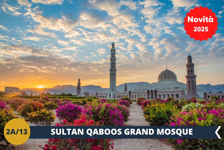 Novità 2025! ESCURSIONE DI INTERA GIORNATA, TWO DAY TOUR | GIORNO 2: La vostra avventura in Oman prosegue con la maestosa SULTAN QABOOS GRAND MOSQUE, capolavoro architettonico che vi lascerà senza fiato! Ammirate il più grande lampadario del mondo, impreziosito da cristalli Swarovski, e lasciatevi incantare dal tappeto persiano fatto a mano che ricopre l'intera sala di preghiera, un'opera d'arte che ha richiesto quattro anni di lavoro a 600 abili tessitrici. All'esterno, potrete ammirare 5 maestosi minareti che rappresentano i cinque pilastri dell'Islam, mentre 12 splendidi giardini geometrici vi condurranno attraverso un percorso di pace e bellezza.