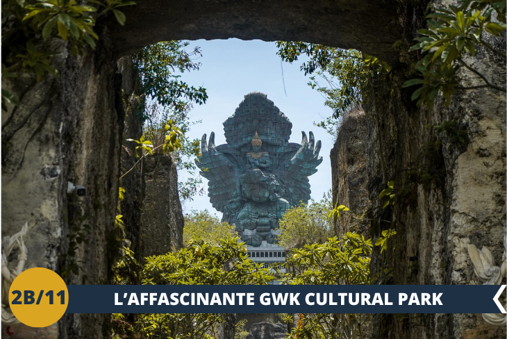 La giornata prosegue con la visita del Garuda Wisnu Kencana (GWK) Cultural Park, un importante parco culturale di 60 ettari situato nella penisola di Nukit. Il parco è un luogo perfetto per esplorare la spiritualità e la mitologia balinese in un contesto naturale come questo.