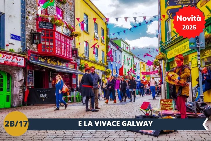 Il viaggio prosegue verso GALWAY, perla dell'ovest irlandese e Capitale Europea della Cultura 2020. Qui, tra vie acciottolate e edifici storici, scoprirete l'autentica anima gaelica tra musica, arte e tradizione.