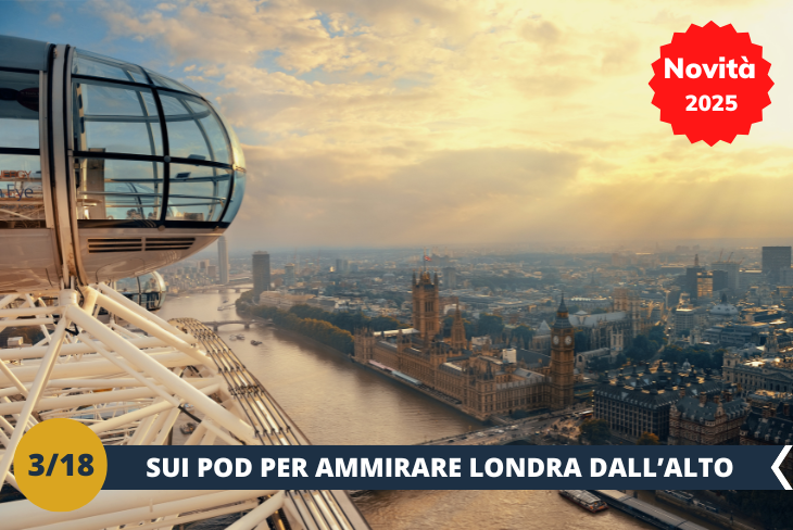 NOVITA’ 2025! Saliremo a bordo del London Eye (INGRESSO INCLUSO), una delle ruote panoramiche più iconiche e spettacolari al mondo. Ogni capsula ci offrirà una vista mozzafiato su Londra, svelando dall’alto i suoi monumenti più famosi: dal Big Ben al Tower Bridge, fino allo Shard che si staglia all’orizzonte. Questa esperienza unica ci regalerà un panorama a 360 gradi, permettendoci di osservare la città in tutto il suo splendore. Non sarà solo un giro sulla ruota, ma un viaggio emozionante nel cuore di Londra, che lascerà un ricordo indelebile! (escursione di mezza giornata)