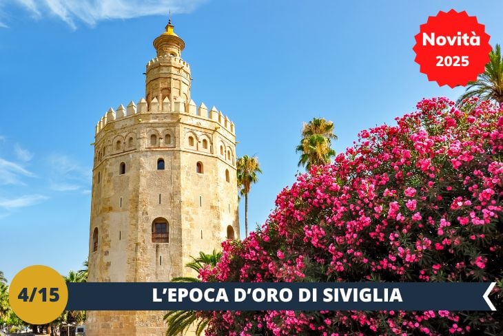 Novità 2025! Affacciati sulle rive del Guadalquivir, due monumenti raccontano il legame indissolubile tra Siviglia e il Nuovo Mondo. La suggestiva Torre dell'Oro (INGRESSO INCLUSO), fortificazione difensiva eretta per volere dei califfi nel XIII secolo, deve il suo nome allo splendore dorato della sua facciata. Da questo punto strategico salpavano e attraccavano le caravelle cariche dei tesori delle Americhe. Di fronte si staglia l'Archivio delle Indie, istituito nel 1571 dal sovrano Carlo V per custodire e organizzare l'immensa documentazione relativa alle scoperte geografiche e all'amministrazione coloniale spagnola. Questi due simboli vi faranno rivivere l'epoca d'oro di Siviglia, quando la città era il cuore pulsante dei commerci e dell'amministrazione dell'Impero spagnolo. (Escursione di mezza giornata)