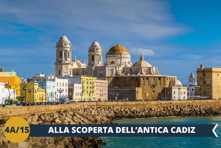 ESCURSIONE DI INTERA GIORNATA verso Cadice, la meta perfetta per chi ama mare e storia. Questa città millenaria, quasi completamente circondata dalle acque cristalline dell'Oceano Atlantico, vi stupirà con la sua posizione privilegiata e unica. Un affascinante tour guidato vi condurrà attraverso le meraviglie di questa perla andalusa, dove ogni pietra racconta secoli di storia: dall'imponente Cattedrale gotica alle suggestive rovine del Teatro Romano, fino all'elegante arco di trionfo, Cadice vi conquisterà.  Cadice è un mosaico di sensazioni: i quartieri caratteristici con le loro case bianche si specchiano nelle acque turchesi dell'oceano, creando un'atmosfera magica e intramontabile.