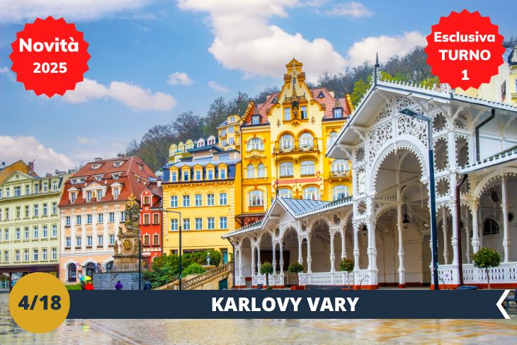 Novità 2025! ESCURSIONE DI INTERA GIORNATA: Lasciatevi conquistare dalla città più elegante della Repubblica Ceca! Karlovy Vary vi sorprenderà con la sua atmosfera Belle Époque, tra magnifici edifici in stile Liberty e suggestivi colonnati termali. Vi guideremo alla scoperta di questa perla boema, dove l'architettura raffinata si fonde con la natura circostante in un connubio perfetto. Passeggiando per le vie del centro storico, potrete respirare l'atmosfera aristocratica che da secoli caratterizza questa località termale, meta prediletta di nobili e artisti di tutta Europa. Un viaggio nel tempo tra acque curative, cristalli di Boemia e panorami mozzafiato!