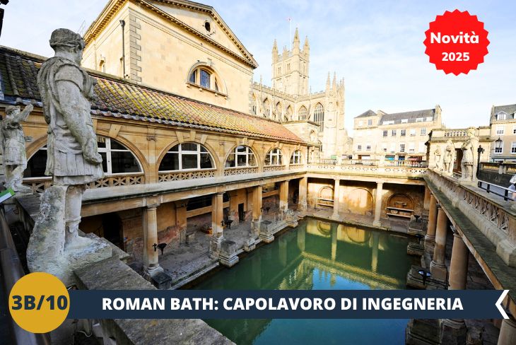 NOVITÀ 2025! Durante la nostra visita a Bath entreremo nei celebri Roman Baths (INGRESSO INCLUSO), un sito archeologico straordinario che offre uno sguardo affascinante sulla vita nell’antica Britannia romana. Questo complesso termale, alimentato da sorgenti naturali calde, era il cuore sociale e spirituale della città romana di Aquae Sulis. Potremo esplorare le antiche piscine termali, le sale dei bagni e i resti di templi dedicati alle divinità romane, il tutto accompagnato da storie e curiosità che riportano in vita l’atmosfera di oltre 2000 anni fa. I Roman Baths sono un capolavoro di ingegneria e cultura antica che renderanno la nostra giornata a Bath ancora più emozionante.