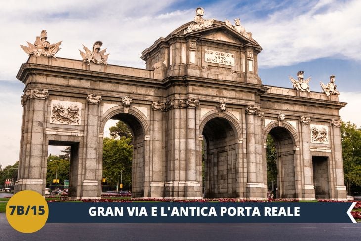 Proseguendo il nostro tour, ci fermeremo ad ammirare la Puerta de Alcalá, un maestoso arco trionfale di ispirazione romana costruito durante il regno di Carlo III. Questo storico monumento segna l'ingresso sud di Madrid e ci riporta all'epoca in cui la città era protetta da una cinta muraria. A pochi passi da lì, esploreremo la Gran Vía, una delle arterie più emblematiche di Madrid, concepita agli inizi del ‘900 come un viale alberato che univa la Puerta del Sol al quartiere di Salamanca. Oggi, la Gran Vía è il cuore pulsante della Madrid moderna e cosmopolita, famosa per i suoi palazzi in stile eclettico che ospitano negozi, ristoranti e caffetterie. Un percorso affascinante che ci permetterà di scoprire il contrasto tra la storia e la vivacità della città. (escursione di mezza giornata)