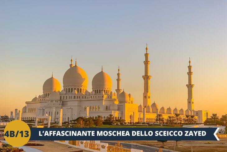 La giornata prosegue con una visita alla MOSCHEA DELLO SCEICCO ZAYED (ingresso incluso), gioiello dell'architettura islamica. Scoprite il maestoso tappeto iraniano di 5.000 metri quadrati, realizzato in un anno da 1.000 artigiani - un capolavoro che incarna la grandiosità di questo luogo sacro dalle atmosfere delle mille e una notte.