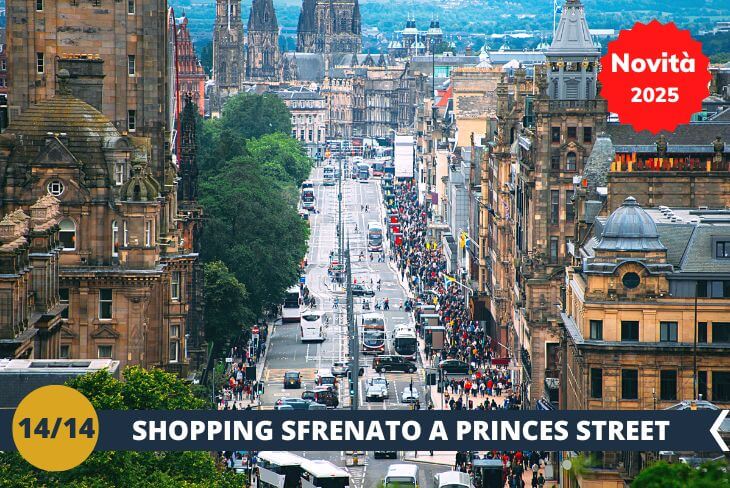 NOVITA’ 2025! Tempo di shopping a Princes Street, una delle vie più famose di Edimburgo, che fa parte del piano urbanistico della New Town progettato da James Craig nel 1767. Il nome della strada deriva dai figli di re Giorgio III. Un tempo residenziale, Princes Street ospitava i primi abitanti già negli anni '70 del XVII secolo, ma oggi è un vivace centro commerciale. Qui avrete l'opportunità di fare shopping, scoprire negozi di ogni tipo e acquistare souvenir unici per ricordare la vostra visita a Edimburgo. (escursione mezza giornata)