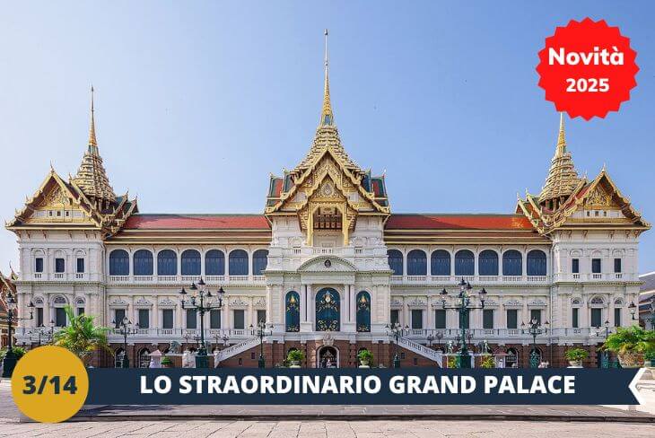 Lo straordinario Grand Palace (INGRESSO INCLUSO) vi aprirà le porte di un mondo dove la tradizione thailandese brilla in tutto il suo splendore! Lasciatevi incantare da uno dei luoghi più suggestivi del Sud-est asiatico, dove ogni dettaglio racconta secoli di storia e cultura siamese. Il complesso del palazzo, antica residenza reale, vi sorprenderà con i suoi magnifici edifici: dal solenne Palazzo Funebre alla maestosa Sala del Trono e alla spettacolare Sala dell’Incoronazione, fino all'affascinante Residenza Reale e al rinomato Tempio del Buddha di Smeraldo. Un'esperienza indimenticabile nel cuore pulsante della cultura thailandese! (escursione di mezza giornata)