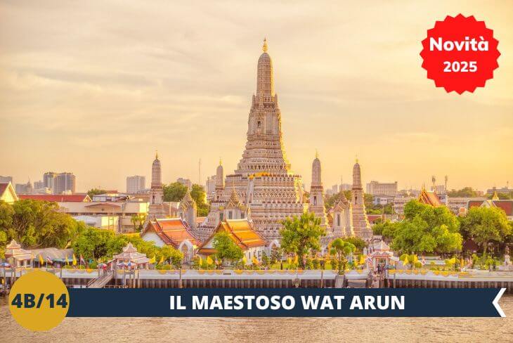 Il vostro viaggio prosegue verso il maestoso Wat Arun, il "Tempio dell'Aurora", simbolo iconico di Bangkok. Raggiungerete questo gioiello architettonico attraversando il fiume con un'autentica barca (BIGLIETTO INCLUSO), per poi ammirare le sue straordinarie guglie decorate con porcellane colorate che si riflettono nelle acque del fiume Chao Phraya. Un'esperienza unica che vi permetterà di scoprire alcuni dei luoghi più suggestivi e fotografati della città, tra spiritualità, tradizione e bellezza architettonica! (escursione di mezza giornata)